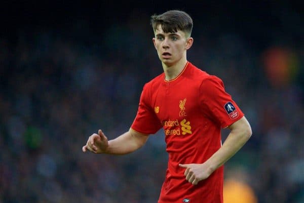 LIVERPOOL, ENGLAND - Saturday, January 7, 2017: Liverpool's Ben Woodburn in action against Plymouth Argyle during the FA Cup 3rd Round match at Anfield. (Pic by David Rawcliffe/Propaganda)