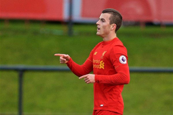 KIRKBY, ENGLAND - Tuesday, January 10, 2017: Liverpool's Brooks Lennon celebrates scoring the first goal against Barnet during an Under-23 friendly match at the Kirkby Academy. (Pic by David Rawcliffe/Propaganda)