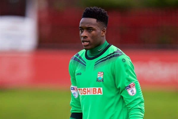 KIRKBY, ENGLAND - Tuesday, January 10, 2017: Barnet's goalkeeper Kai McKenzie-Lyle in action against Liverpool during an Under-23 friendly match at the Kirkby Academy. (Pic by David Rawcliffe/Propaganda)