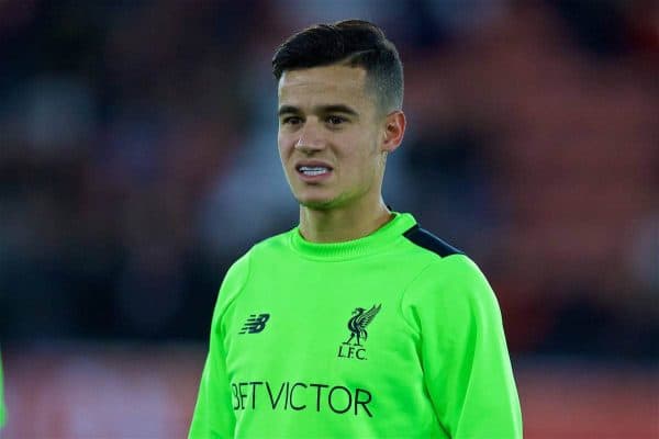 SOUTHAMPTON, ENGLAND - Wednesday, January 11, 2017: Liverpool's Philippe Coutinho Correia warms-up before the Football League Cup Semi-Final 1st Leg match against Southampton at St. Mary's Stadium. (Pic by David Rawcliffe/Propaganda)