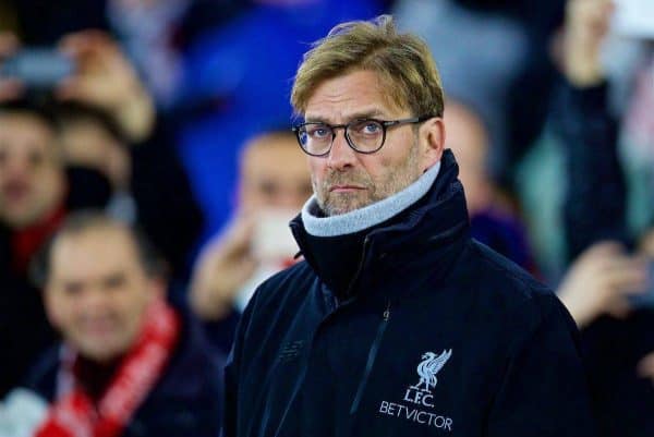 SOUTHAMPTON, ENGLAND - Wednesday, January 11, 2017: Liverpool's manager Jürgen Klopp before the Football League Cup Semi-Final 1st Leg match against Southampton at St. Mary's Stadium. (Pic by David Rawcliffe/Propaganda)