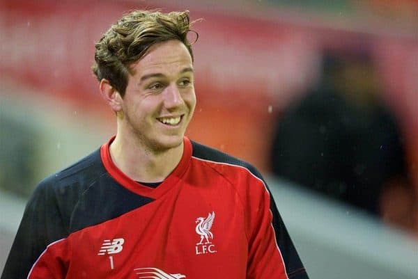 LIVERPOOL, ENGLAND - Wednesday, January 13, 2016: Liverpool's goalkeeper Daniel Ward warms-up before the Premier League match against Arsenal at Anfield. (Pic by David Rawcliffe/Propaganda)