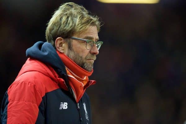 LIVERPOOL, ENGLAND - Wednesday, January 13, 2016: Liverpool's manager Jürgen Klopp before the Premier League match against Arsenal at Anfield. (Pic by David Rawcliffe/Propaganda)