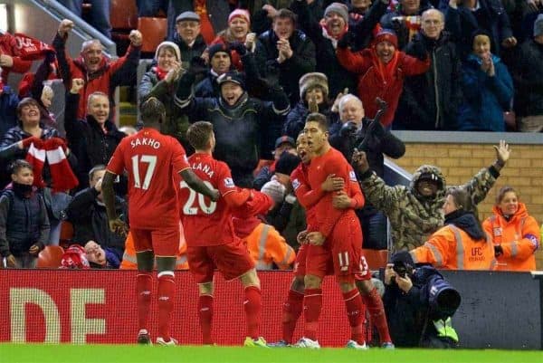 LIVERPOOL, ENGLAND - Wednesday, January 13, 2016: Liverpool's Roberto Firmino celebrates scoring the first goal against Arsenal during the Premier League match at Anfield. (Pic by David Rawcliffe/Propaganda)