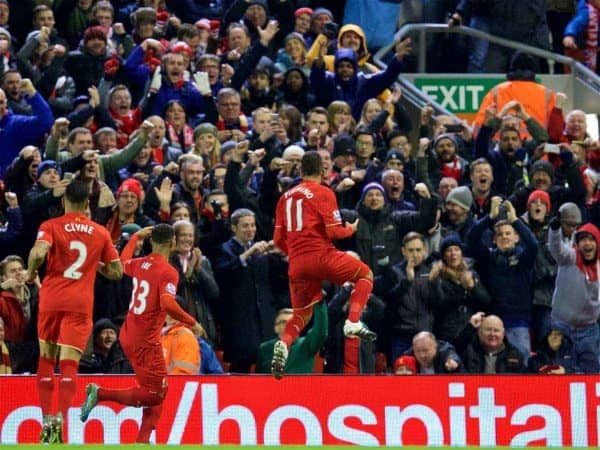 LIVERPOOL, ENGLAND - Wednesday, January 13, 2016: Liverpool's celebrates scoring the second goal against Arsenal during the Premier League match at Anfield. (Pic by David Rawcliffe/Propaganda)