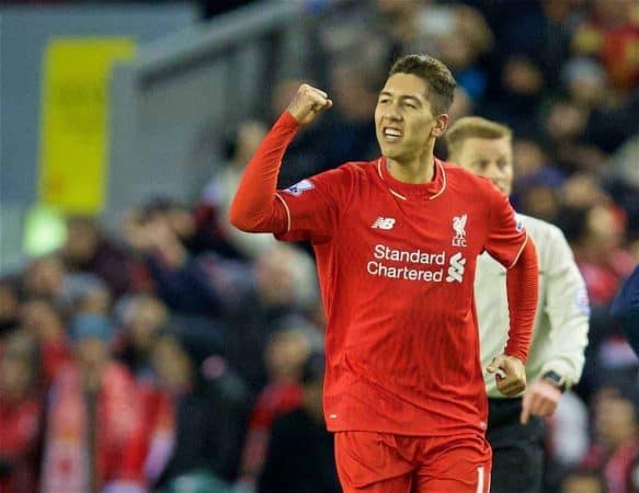 LIVERPOOL, ENGLAND - Wednesday, January 13, 2016: Liverpool's celebrates scoring the second goal against Arsenal during the Premier League match at Anfield. (Pic by David Rawcliffe/Propaganda)