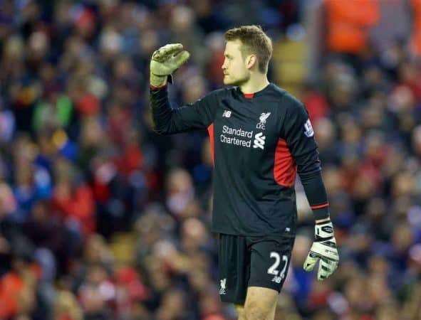 LIVERPOOL, ENGLAND - Wednesday, January 13, 2016: Liverpool's goalkeeper Simon Mignolet looks dejected as Arsenal score the second equalising goal during the Premier League match at Anfield. (Pic by David Rawcliffe/Propaganda)