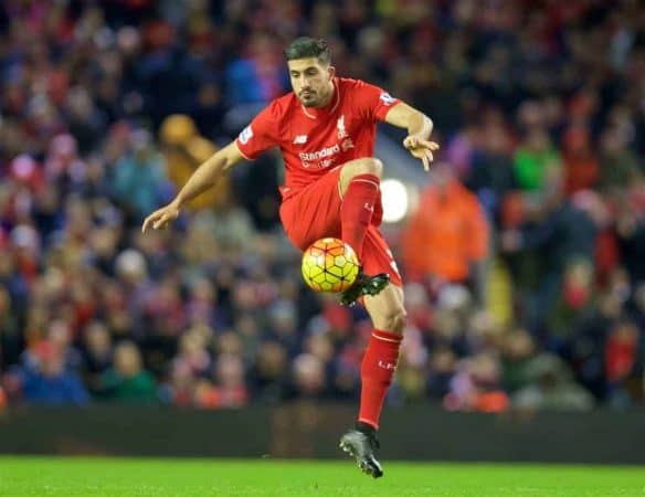 LIVERPOOL, ENGLAND - Wednesday, January 13, 2016: Liverpool's Emre Can in action against Arsenal during the Premier League match at Anfield. (Pic by David Rawcliffe/Propaganda)