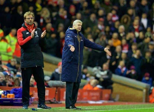 LIVERPOOL, ENGLAND - Wednesday, January 13, 2016: Arsenal's manager Arsene Wenger and Liverpool's manager Jürgen Klopp during the Premier League match at Anfield. (Pic by David Rawcliffe/Propaganda)