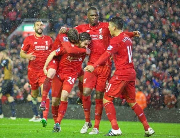 LIVERPOOL, ENGLAND - Wednesday, January 13, 2016: Liverpool's Joe Allen celebrates scoring the third equalising goal against Arsenal during the Premier League match at Anfield. (Pic by David Rawcliffe/Propaganda)