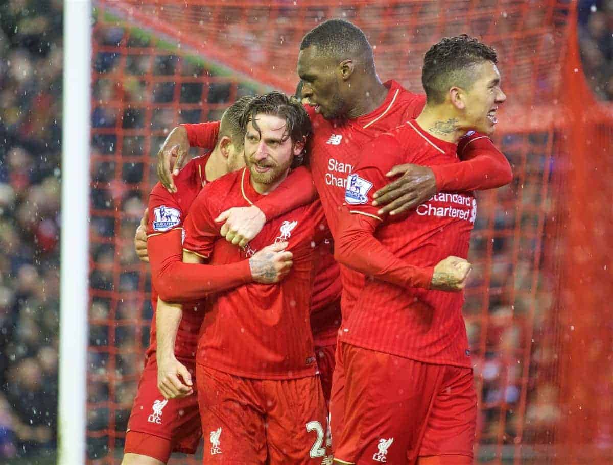 LIVERPOOL, ENGLAND - Wednesday, January 13, 2016: Liverpool's Joe Allen celebrates scoring the third equalising goal against Arsenal during the Premier League match at Anfield. (Pic by David Rawcliffe/Propaganda)