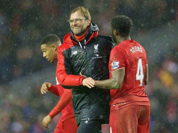 LIVERPOOL, ENGLAND - Wednesday, January 13, 2016: Liverpool's new signing manager Jürgen Klopp and Kolo Toure after the 2-2 draw with Arsenal the Premier League match at Anfield. (Pic by David Rawcliffe/Propaganda)