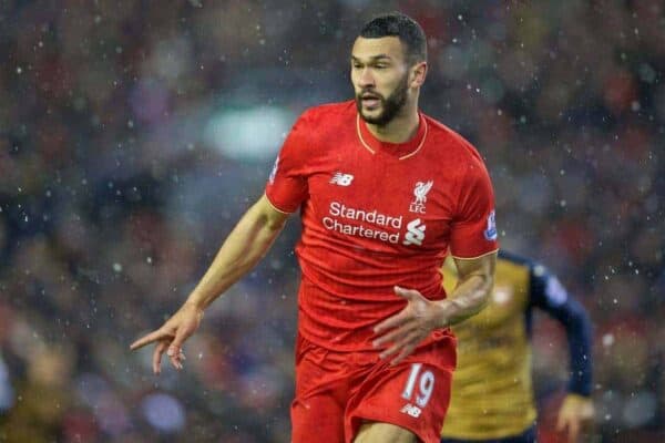 LIVERPOOL, ENGLAND - Wednesday, January 13, 2016: Liverpool's new signing Steven Caulker in action against Arsenal during the Premier League match at Anfield. (Pic by David Rawcliffe/Propaganda)