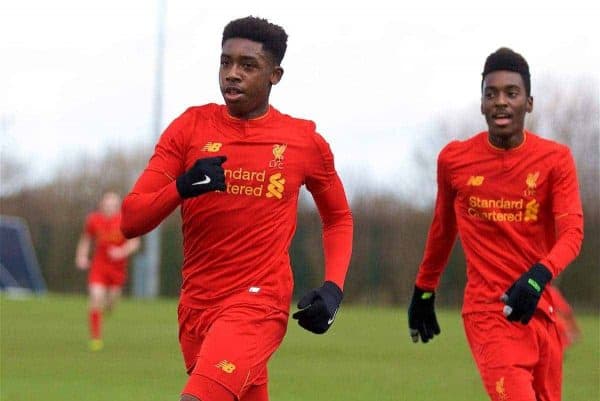 HALEWOOD, ENGLAND - Saturday, January 14, 2017: Liverpool's Okera Simmonds celebrates scoring the first goal against Everton during an Under-18 FA Premier League match at Finch Farm. (Pic by David Rawcliffe/Propaganda)