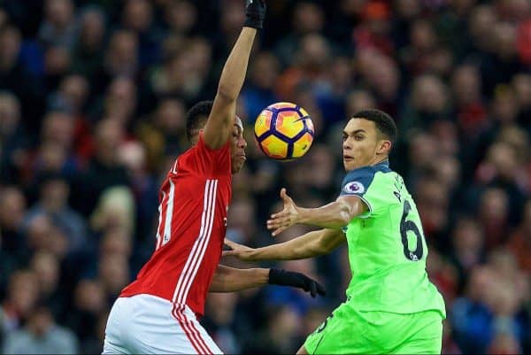 MANCHESTER, ENGLAND - Sunday, January 15, 2017: Liverpool's Trent Alexander-Arnold in action against Manchester United's Anthony Martial during the FA Premier League match at Old Trafford. (Pic by David Rawcliffe/Propaganda)