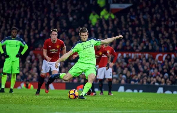 MANCHESTER, ENGLAND - Sunday, January 15, 2017: Liverpool's James Milner scores the first goal against Manchester United from the penalty spot during the FA Premier League match at Old Trafford. (Pic by David Rawcliffe/Propaganda)