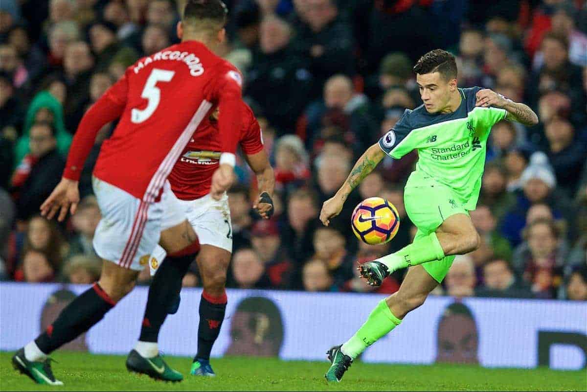 MANCHESTER, ENGLAND - Sunday, January 15, 2017: Liverpool's Philippe Coutinho Correia in action against Manchester United during the FA Premier League match at Old Trafford. (Pic by David Rawcliffe/Propaganda)