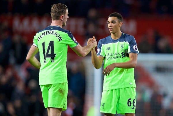 MANCHESTER, ENGLAND - Sunday, January 15, 2017: Liverpool's captain Jordan Henderson congratulates Trent Alexander-Arnold after his debut during the FA Premier League match against Manchester United at Old Trafford. (Pic by David Rawcliffe/Propaganda)