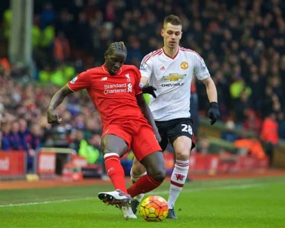 LIVERPOOL, ENGLAND - Sunday, January 17, 2016: Liverpool's Mamadou Sakho in action against Manchester United during the Premier League match at Anfield. (Pic by David Rawcliffe/Propaganda)