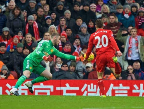 LIVERPOOL, ENGLAND - Sunday, January 17, 2016: Liverpool's Adam Lallana sees his header saved by Manchester United's goalkeeper David de Gea during the Premier League match at Anfield. (Pic by David Rawcliffe/Propaganda)