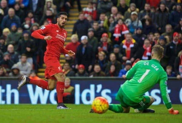 LIVERPOOL, ENGLAND - Sunday, January 17, 2016: Liverpool's Emre Can sees his shot saved by Manchester United's goalkeeper David de Gea during the Premier League match at Anfield. (Pic by David Rawcliffe/Propaganda)