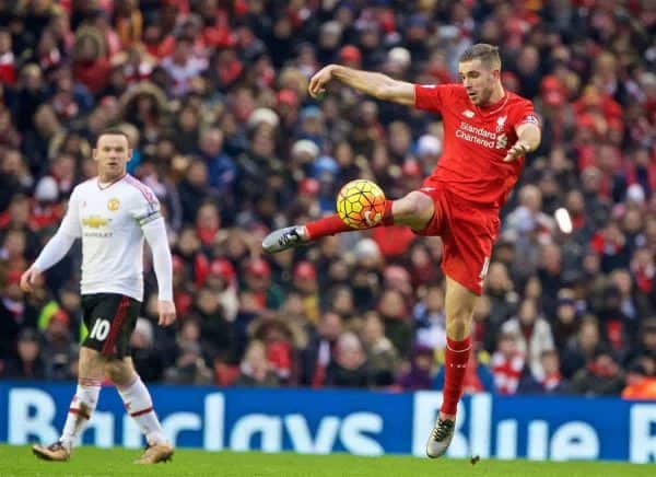 LIVERPOOL, ENGLAND - Sunday, January 17, 2016: Liverpool's captain Jordan Henderson in action against Manchester United during the Premier League match at Anfield. (Pic by David Rawcliffe/Propaganda)