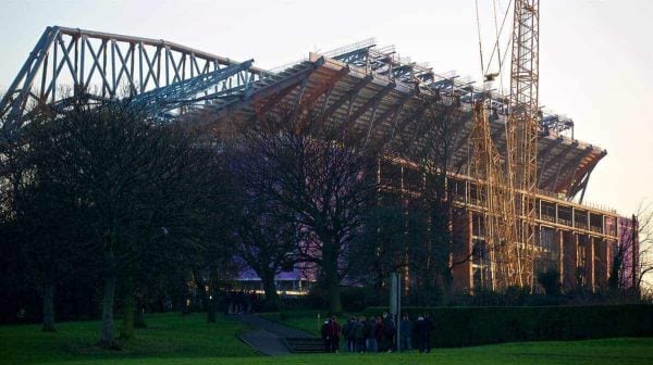 LIVERPOOL, ENGLAND - Wednesday, January 20, 2016: A view of the construction of the new Main Stand at Anfield as seen from Stanley Park before the FA Cup 3rd Round Replay match between Liverpool and Exeter City. (Pic by David Rawcliffe/Propaganda)