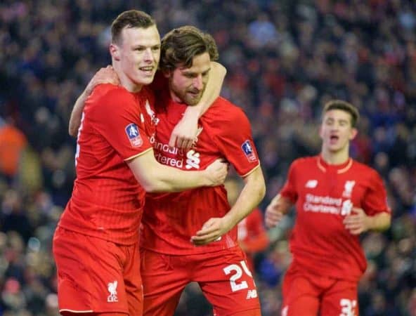 LIVERPOOL, ENGLAND - Wednesday, January 20, 2016: Liverpool's Joe Allen celebrates scoring the first goal against Exeter City with team-mate Brad Smith during the FA Cup 3rd Round Replay match at Anfield. (Pic by David Rawcliffe/Propaganda)