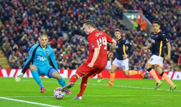 LIVERPOOL, ENGLAND - Wednesday, January 20, 2016: Liverpool's Brad Smith sets up the opening goal against Exeter City during the FA Cup 3rd Round Replay match at Anfield. (Pic by David Rawcliffe/Propaganda)