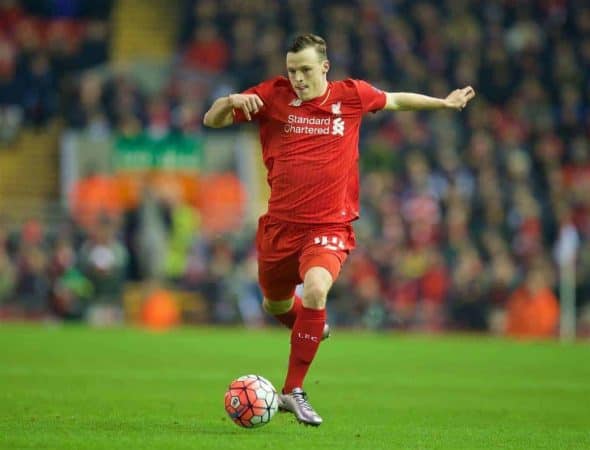 LIVERPOOL, ENGLAND - Wednesday, January 20, 2016: Liverpool's Brad Smith in action against Exeter City during the FA Cup 3rd Round Replay match at Anfield. (Pic by David Rawcliffe/Propaganda)