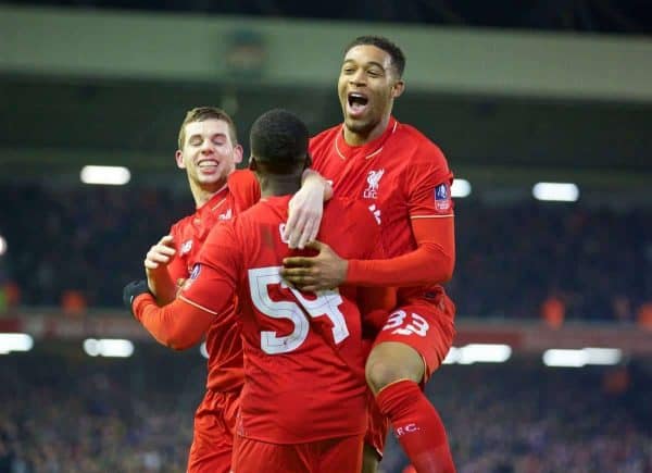 LIVERPOOL, ENGLAND - Wednesday, January 20, 2016: Liverpool's Sheyi Ojo celebrates scoring the second goal against Exeter City with team-mate Jon Flanagan and Jordon Ibe during the FA Cup 3rd Round Replay match at Anfield. (Pic by David Rawcliffe/Propaganda)