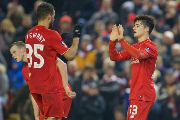 LIVERPOOL, ENGLAND - Wednesday, January 20, 2016: Liverpool's Joao Carlos Teixeira celebrates scoring the third goal against Exeter City during the FA Cup 3rd Round Replay match at Anfield. (Pic by David Rawcliffe/Propaganda)