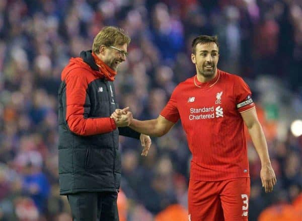 LIVERPOOL, ENGLAND - Wednesday, January 20, 2016: Liverpool's manager Jürgen Klopp shares a laugh with Jose Enrique after the 3-0 victory over Exeter City during the FA Cup 3rd Round Replay match at Anfield. (Pic by David Rawcliffe/Propaganda)