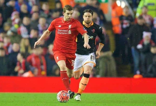 LIVERPOOL, ENGLAND - Wednesday, January 20, 2016: Liverpool's Jon Flanagan in action against Exeter City during the FA Cup 3rd Round Replay match at Anfield. (Pic by David Rawcliffe/Propaganda)