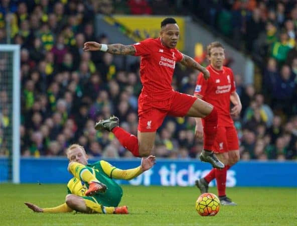 NORWICH, ENGLAND - Friday, January 22, 2016: Liverpool's Nathaniel Clyne in action against Norwich City during the Premiership match at Carrow Road. (Pic by David Rawcliffe/Propaganda)