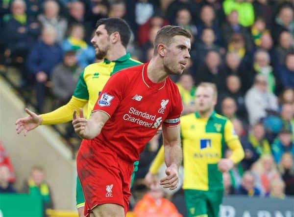 NORWICH, ENGLAND - Friday, January 22, 2016: Liverpool's captain Jordan Henderson celebrates scoring the second goal against Norwich City during the Premiership match at Carrow Road. (Pic by David Rawcliffe/Propaganda)