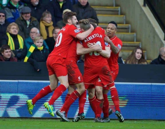 NORWICH, ENGLAND - Friday, January 22, 2016: Liverpool's James Milner celebrates scoring the fourth goal against Norwich City during the Premiership match at Carrow Road. (Pic by David Rawcliffe/Propaganda)