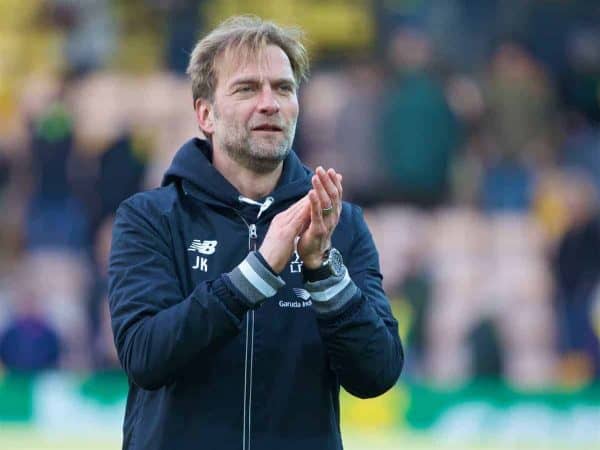 NORWICH, ENGLAND - Friday, January 22, 2016: Liverpool's manager Jürgen Klopp, without his glasses, celebrates after the dramatic 5-4 victory over Norwich City during the Premiership match at Carrow Road. (Pic by David Rawcliffe/Propaganda)