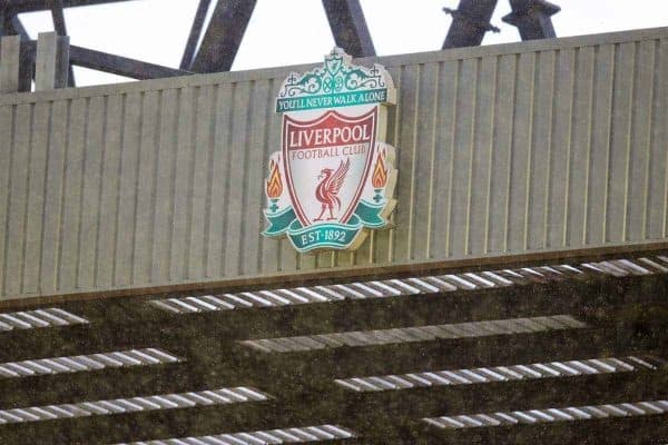 LIVERPOOL, ENGLAND - Saturday, January 30, 2016: Liverpool's badge during a hale storm before the FA Cup 4th Round match against West Ham United at Anfield. (Pic by David Rawcliffe/Propaganda)