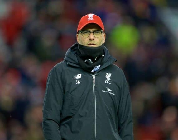 LIVERPOOL, ENGLAND - Saturday, January 30, 2016: Liverpool's manager Jürgen Klopp before the FA Cup 4th Round match against West Ham United at Anfield. (Pic by David Rawcliffe/Propaganda)