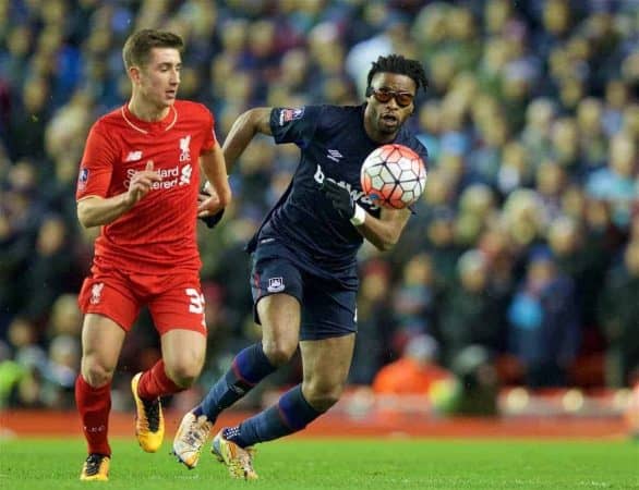 LIVERPOOL, ENGLAND - Saturday, January 30, 2016: Liverpool's xxxx in action against West Ham United during the FA Cup 4th Round match at Anfield. (Pic by David Rawcliffe/Propaganda)