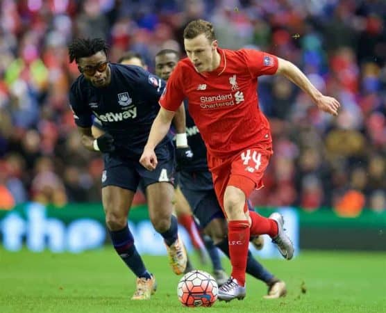 LIVERPOOL, ENGLAND - Saturday, January 30, 2016: Liverpool's Brad Smith in action against West Ham United during the FA Cup 4th Round match at Anfield. (Pic by David Rawcliffe/Propaganda)