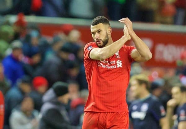 LIVERPOOL, ENGLAND - Saturday, January 30, 2016: Liverpool's Steven Caulker applauds the supporters after a dismal goal-less draw against West Ham United during the FA Cup 4th Round match at Anfield. (Pic by David Rawcliffe/Propaganda)