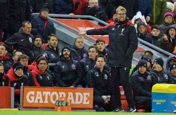 LIVERPOOL, ENGLAND - Saturday, January 30, 2016: Liverpool's angry manager Jürgen Klopp during dismal goal-less draw against West Ham United during the FA Cup 4th Round match at Anfield. (Pic by David Rawcliffe/Propaganda)