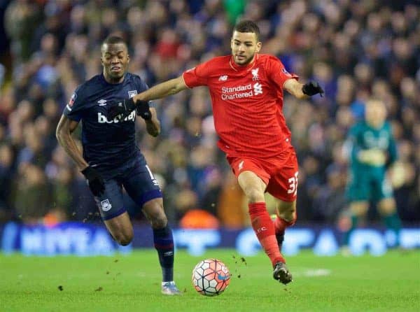 LIVERPOOL, ENGLAND - Saturday, January 30, 2016: Liverpool's Kevin Stewart in action against West Ham United during the FA Cup 4th Round match at Anfield. (Pic by David Rawcliffe/Propaganda)