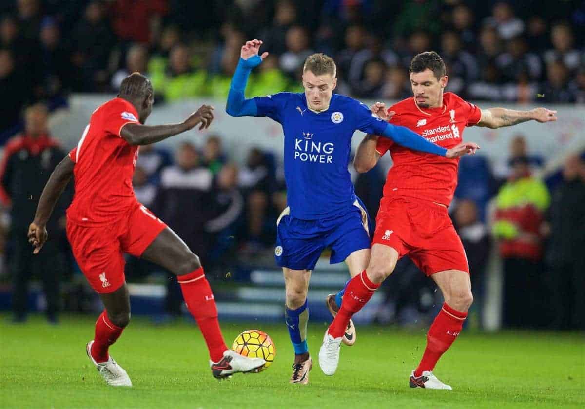 LEICESTER, ENGLAND - Monday, February 1, 2016: Liverpool's Dejan Lovren in action against Leicester City's Jamie Vardy during the Premier League match at Filbert Way. (Pic by David Rawcliffe/Propaganda)