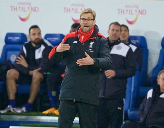 LEICESTER, ENGLAND - Monday, February 1, 2016: Liverpool's manager Jürgen Klopp during the Premier League match against Leicester City at Filbert Way. (Pic by David Rawcliffe/Propaganda)