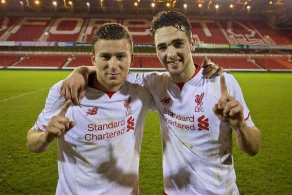 NOTTINGHAM, ENGLAND - Thursday, February 4, 2016: Liverpool's goal scorers Herbie Kane and Adam Phillips celebrate their injury time 2-1 victory over Nottingham Forest during the FA Youth Cup 5th Round match at the City Ground. (Pic by David Rawcliffe/Propaganda)