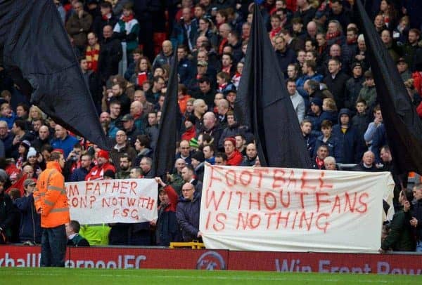 LIVERPOOL, ENGLAND - Saturday, February 6, 2016: Liverpool supporters protest with black flags and banners "Football without fans is nothing" before the Premier League match against Sunderland at Anfield. (Pic by David Rawcliffe/Propaganda)