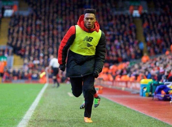 LIVERPOOL, ENGLAND - Saturday, February 6, 2016: Liverpool's substitute Daniel Sturridge warms-up during the Premier League match against Sunderland at Anfield. (Pic by David Rawcliffe/Propaganda)